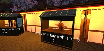 Screenshot in het donker met kraampjes tegen een lange muur die verlicht wordt door lampionnen. Boven de muur zijn bomen met roze bloesem zichtbaar. In beeld staat de Engelse tekst: Press R to buy a shirt for 3 mon